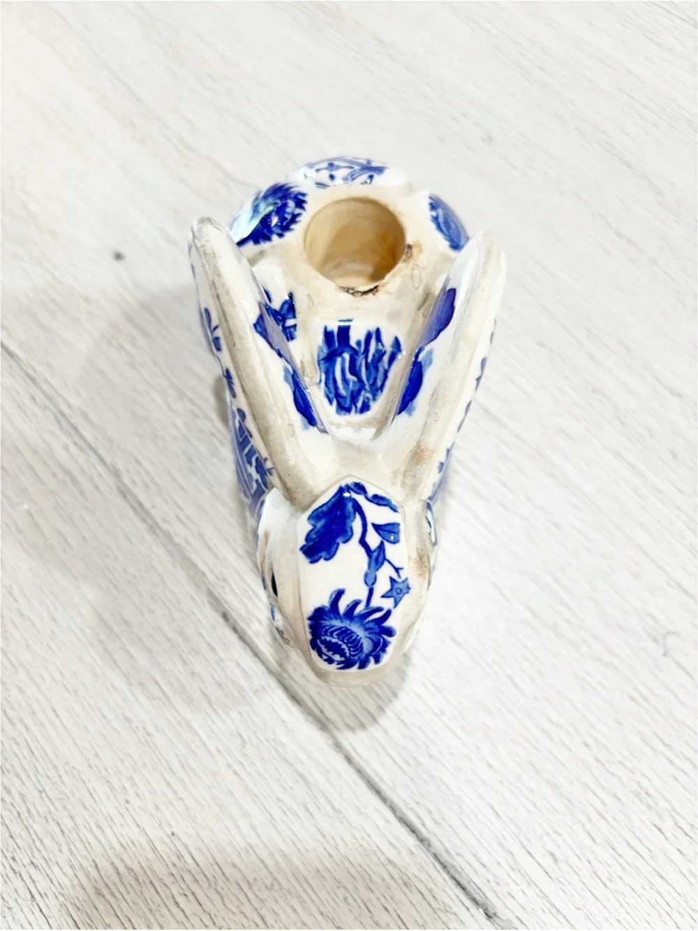 NANCY LOPEZ 1980 Blue & White Asian Pottery Mosaic Rabbit Bunny Candlestick